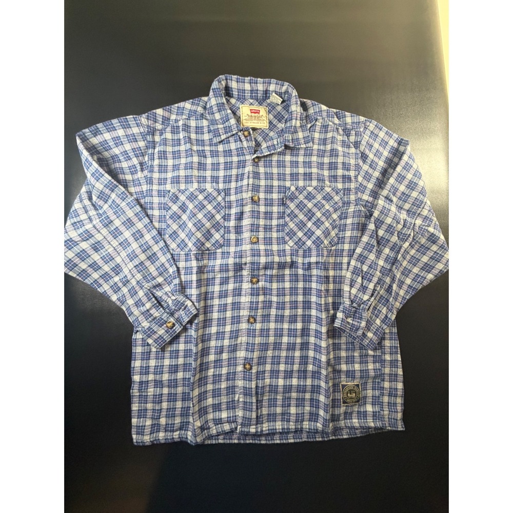 Levis Mens XL Blue White Plaid Flannel‎ Button Down Shirt Cotton Long Sleeve K5
